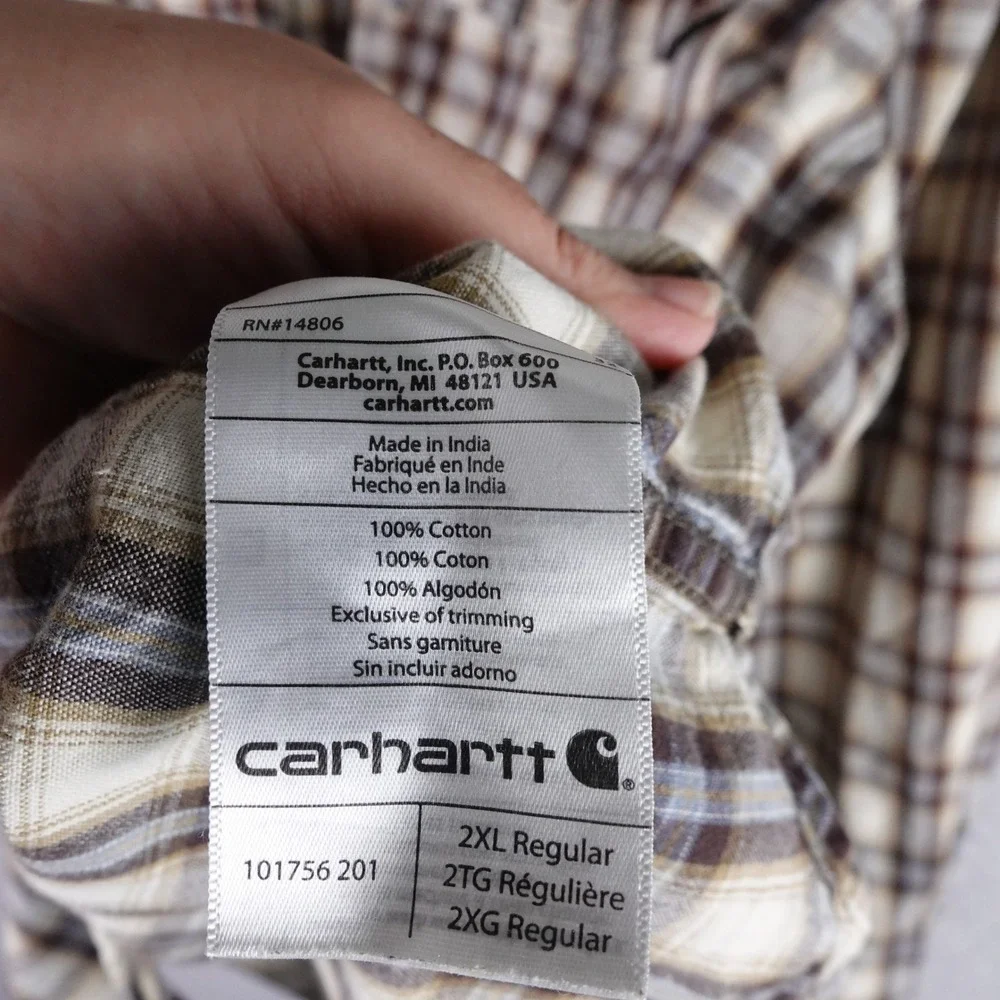 Carhartt Mens Relaxed Fit Plaid Long Sleeve Button Down Shirt Brown 2XL